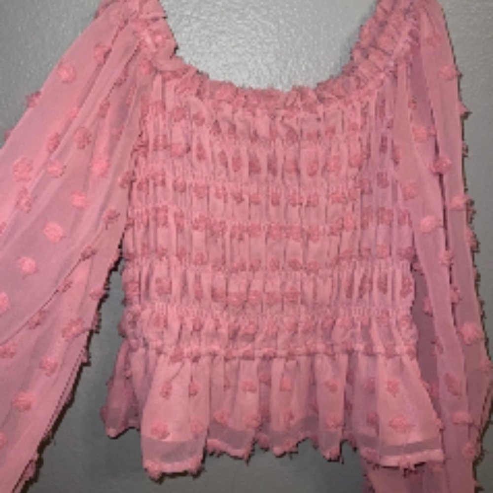 Entro light pink top with elastic cinching and puffy long sleeves